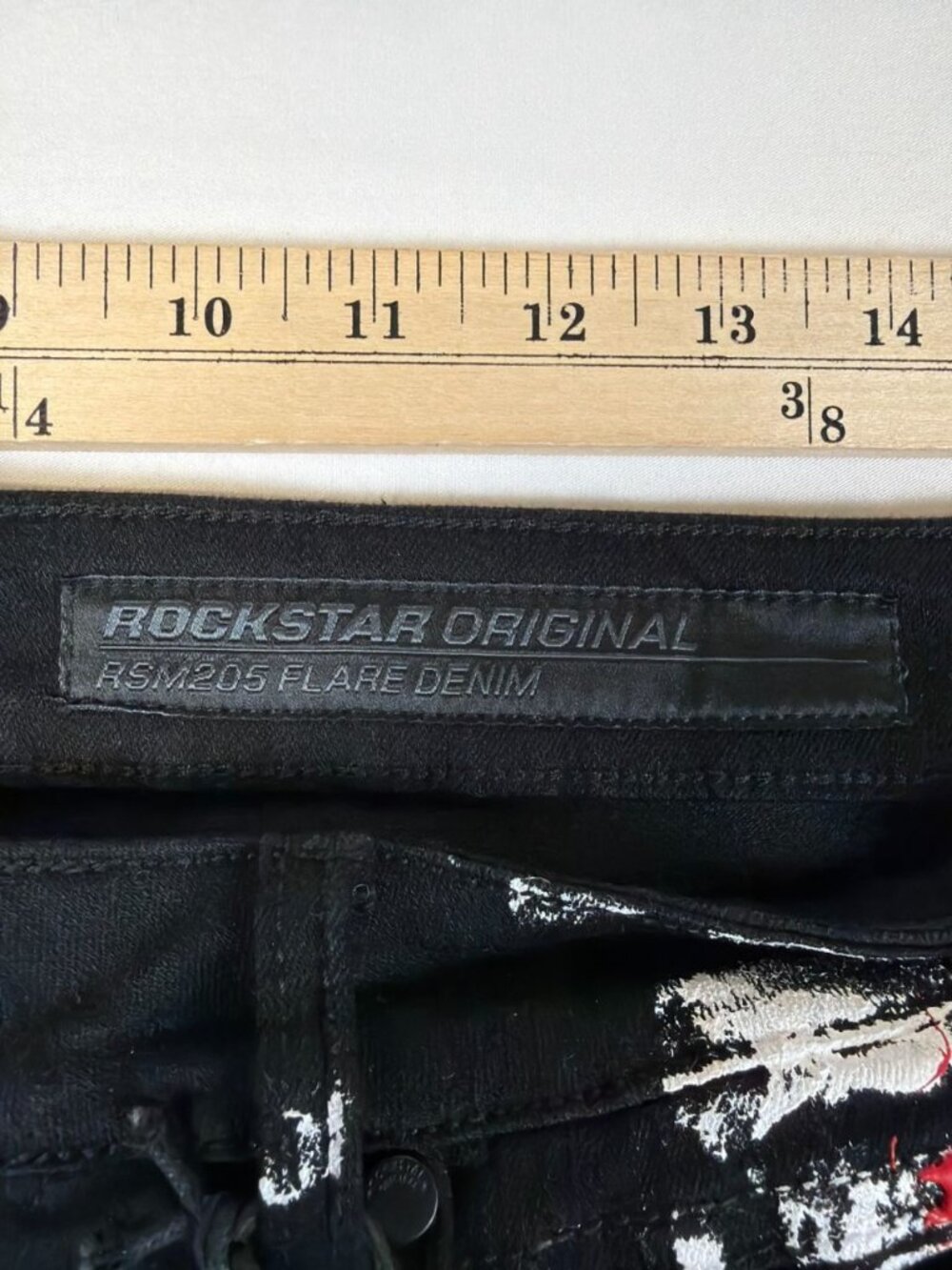 Rockstar Original Men's Black Red Painted Stacked Flare Fringe Jeans Size 34 - Picture 9 of 9